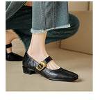 Genuine Leather Vintage Mary Jane Shoes with Thick Heels