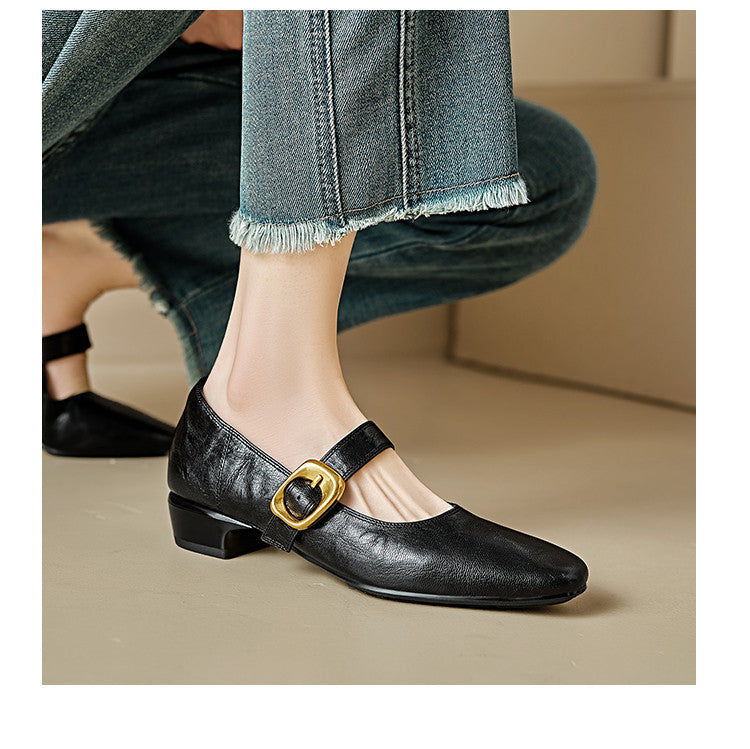 Genuine Leather Vintage Mary Jane Shoes with Thick Heels