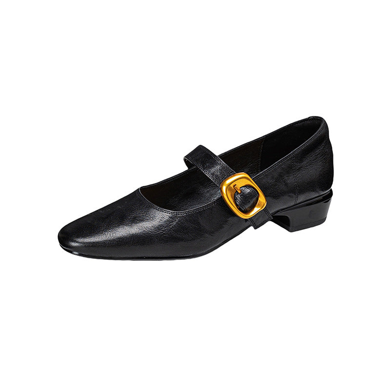 Genuine Leather Vintage Mary Jane Shoes with Thick Heels
