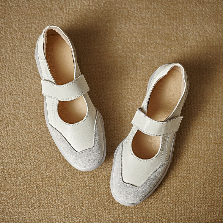 Genuine Leather Platform Ballet Flats with Velcro Closure, Vintage Ballet Sneakers