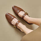 Genuine Leather Vintage Mary Jane Shoes with Thick Heels