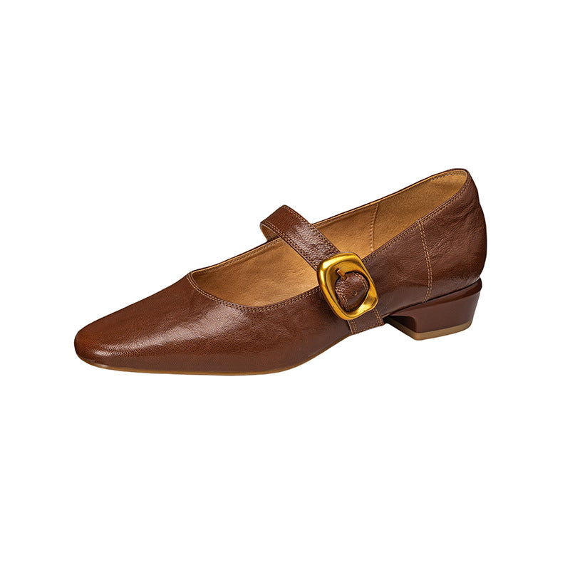 Genuine Leather Vintage Mary Jane Shoes with Thick Heels