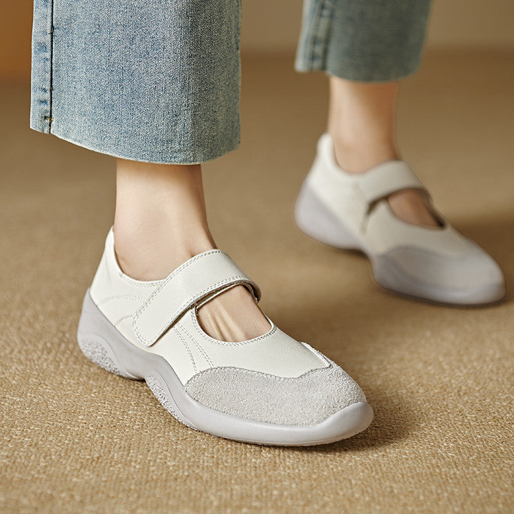 Genuine Leather Platform Ballet Flats with Velcro Closure, Vintage Ballet Sneakers